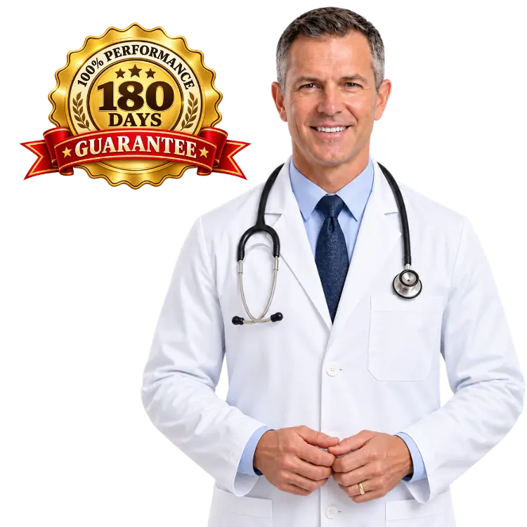 Dr. Daniel Mercer, with the 100% Performance 180-Day Guarantee seal