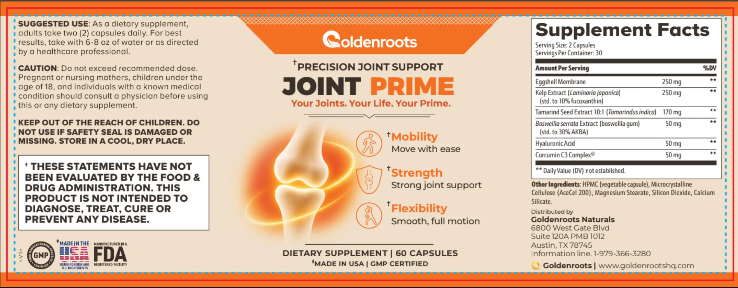Joint Prime supplement label — suggested use, warnings, ingredients and Supplement Facts panel